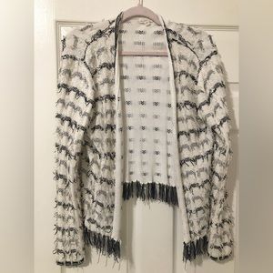 White Black Fringe Knit Cardigan